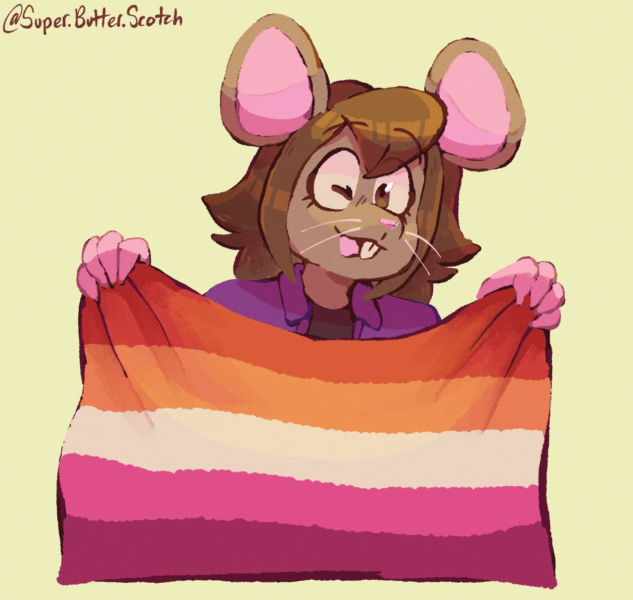 Mousegirlheart, holding a lesbian pride flag